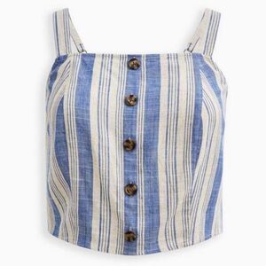 Torrid Linen Blend Button Front Crop Tank Size 00 8/10 Smocked Back Blue White